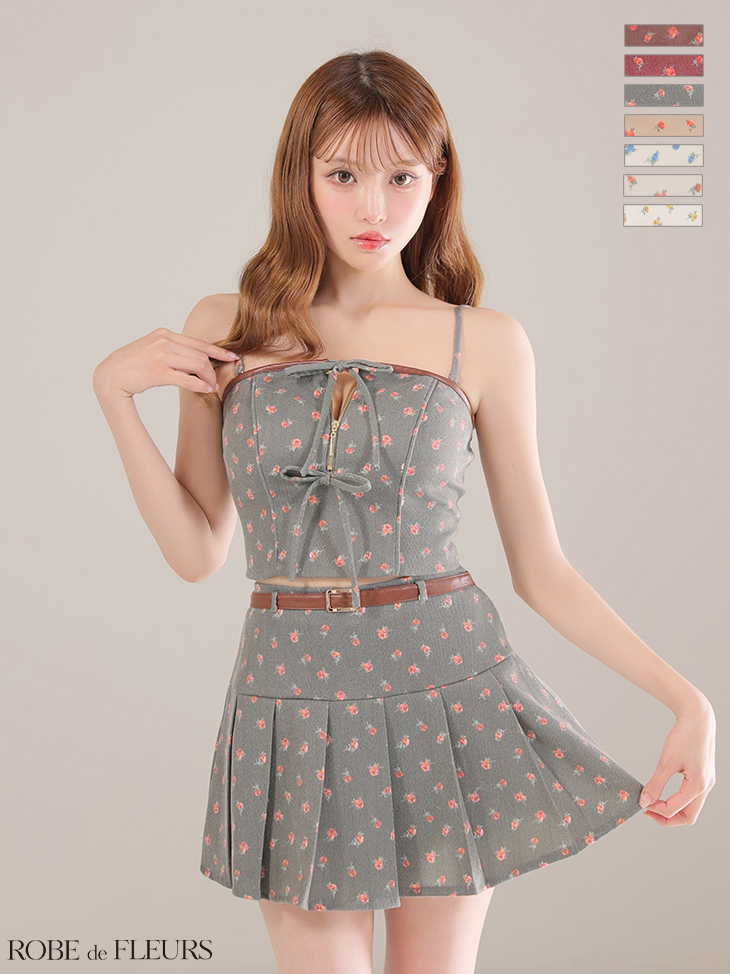 セットアップ レザーパイピング 小花柄 リボン キャミソール 2way ベア フレアミニドレスのイメージ画像5