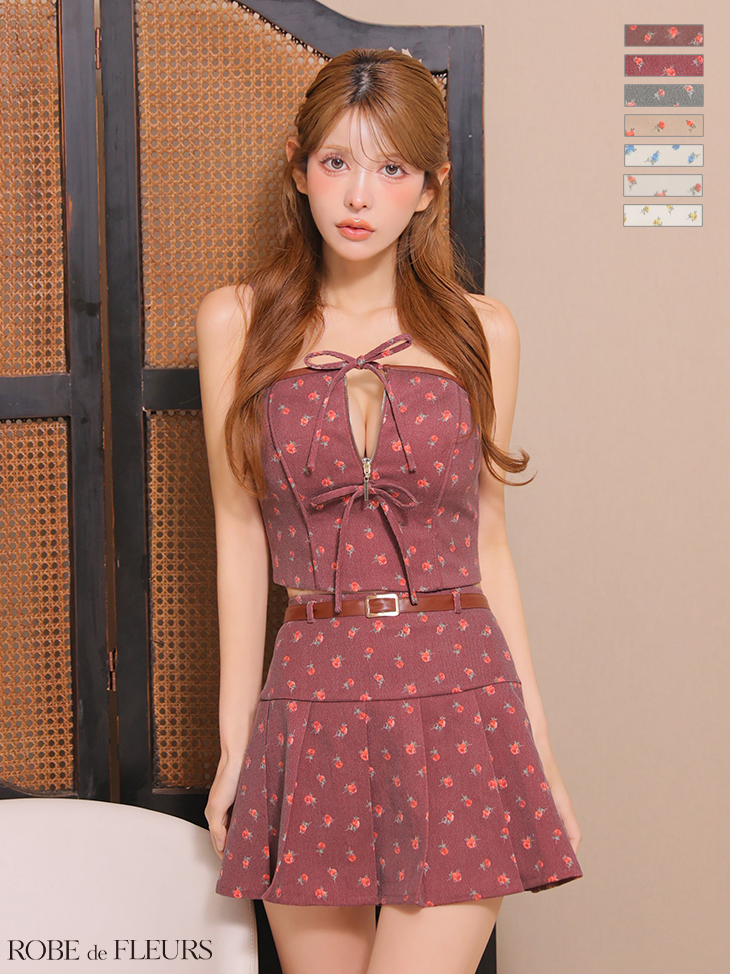 セットアップ レザーパイピング 小花柄 リボン キャミソール 2way ベア フレアミニドレスのイメージ画像5