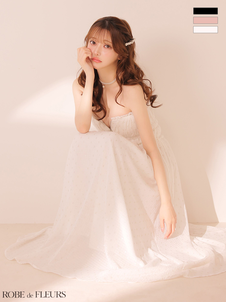 2way ベアトップ キャミソール サイドリボン ジップデザイン ギャザー ドット柄 ラメ Aラインロングドレスのイメージ画像1