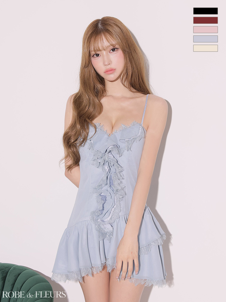 キャミソール リボン ラメシフォン レース フリル フレアミニドレスのイメージ画像4