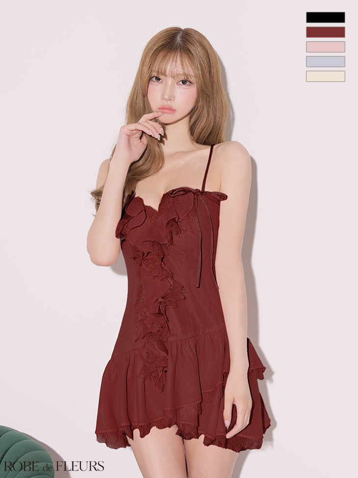 キャミソール リボン ラメシフォン レース フリル フレアミニドレスのイメージ画像5