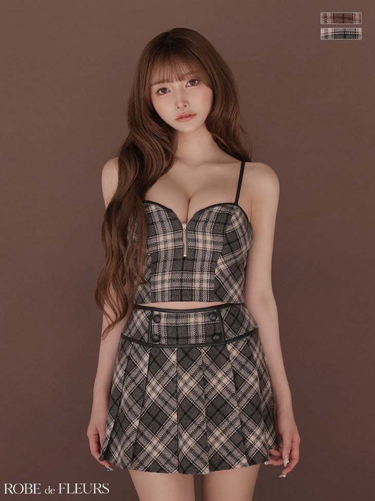 ベアトップ ジップデザイン レザーパイピング チェック柄 セットアップ プリーツスカート フレアミニドレスのイメージ画像2