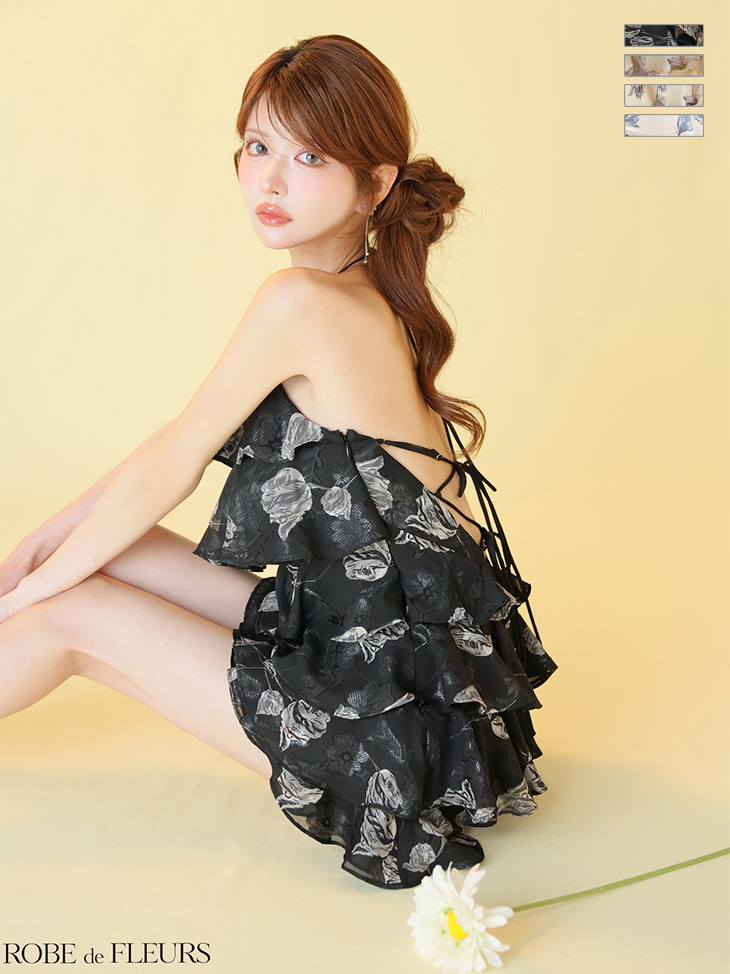 ホルターネック フラワージャガード シフォン ティアード バックシャン フレアミニドレスのイメージ画像2