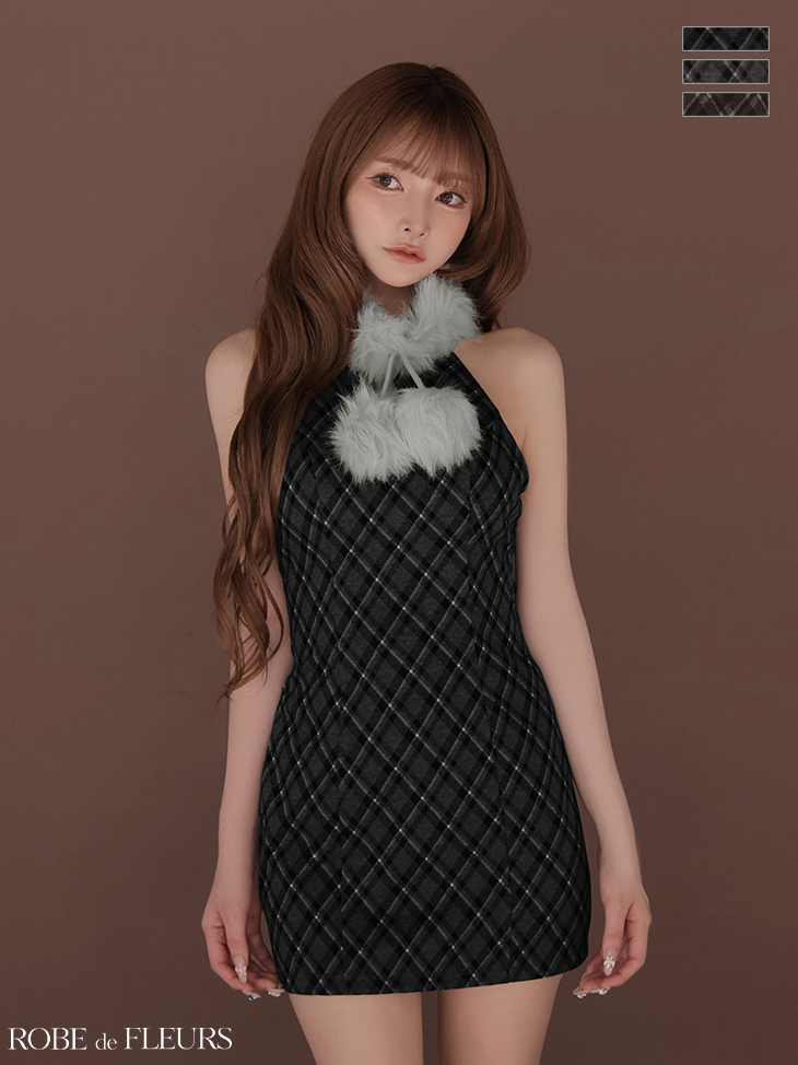 2way ファーティペット ホルターネック バストカット チェック柄 タイトミニドレスのイメージ画像3
