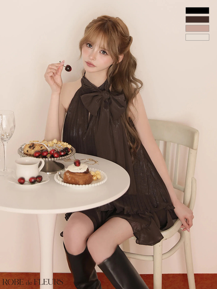 2way ホルターネック リボン プリーツシフォン セットアップ フレアミニドレスのイメージ画像1