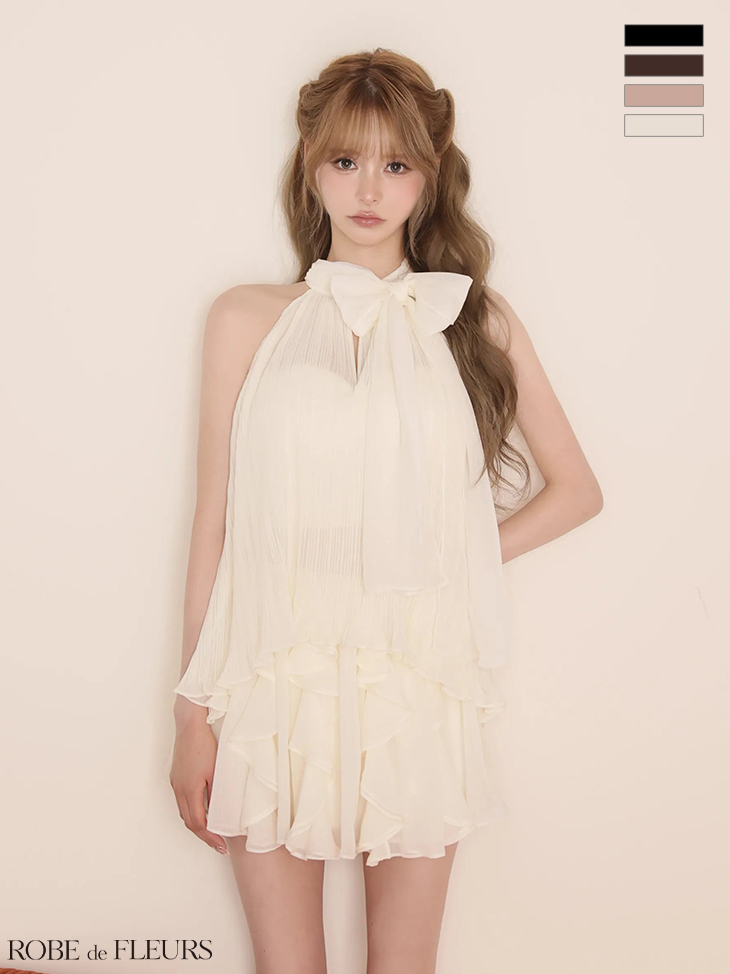 2way ホルターネック リボン プリーツシフォン セットアップ フレアミニドレスのイメージ画像2