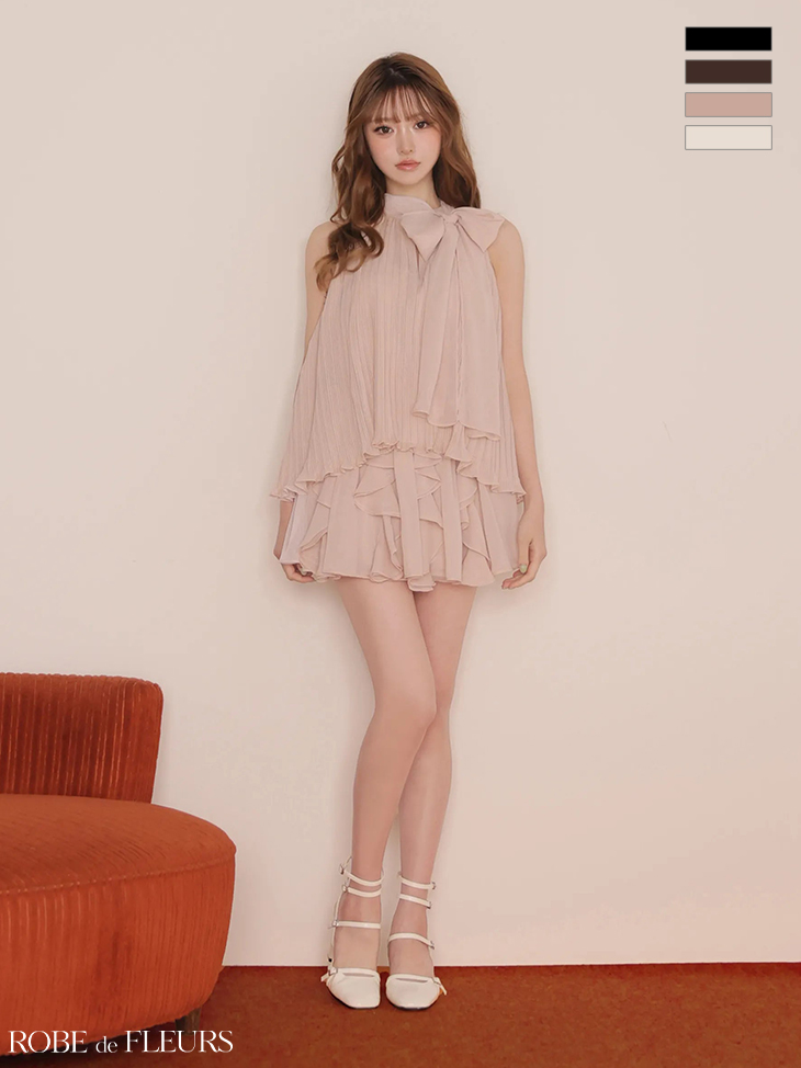 2way ホルターネック リボン プリーツシフォン セットアップ フレアミニドレスのイメージ画像3