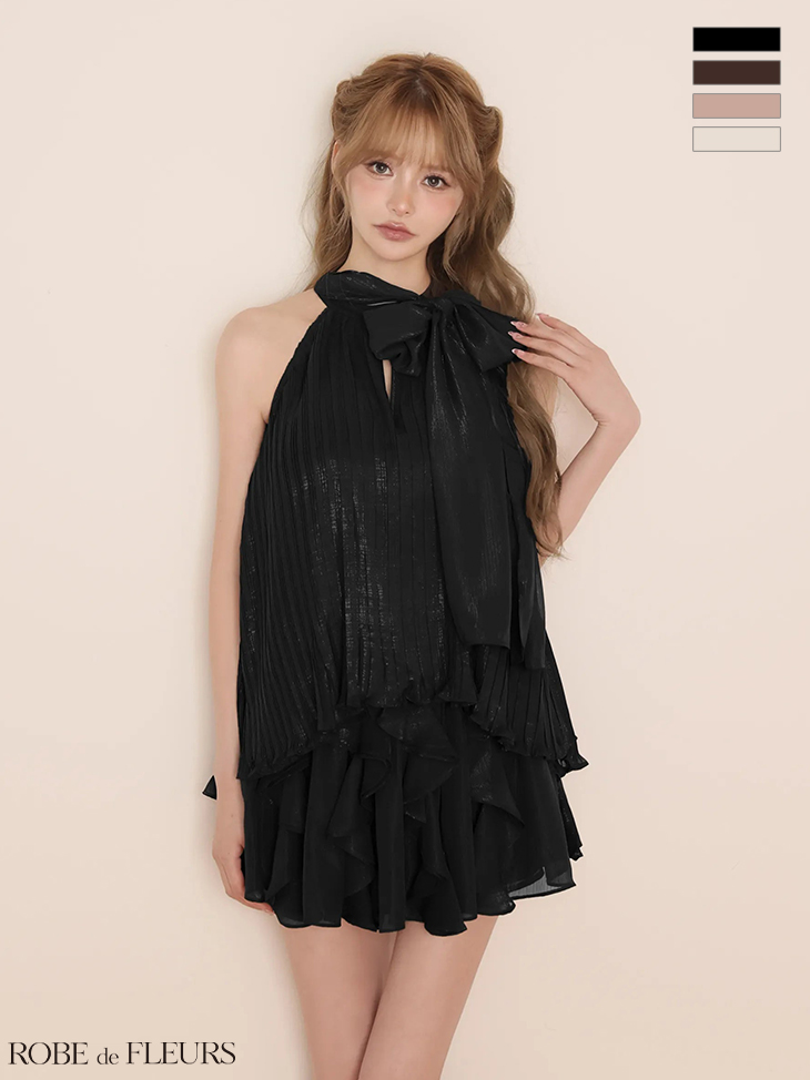2way ホルターネック リボン プリーツシフォン セットアップ フレアミニドレスのイメージ画像4