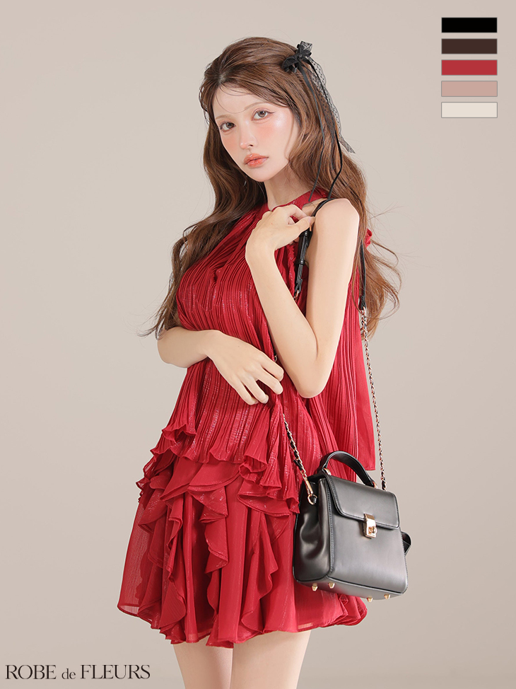 2way ホルターネック リボン プリーツシフォン セットアップ フレアミニドレスのイメージ画像5