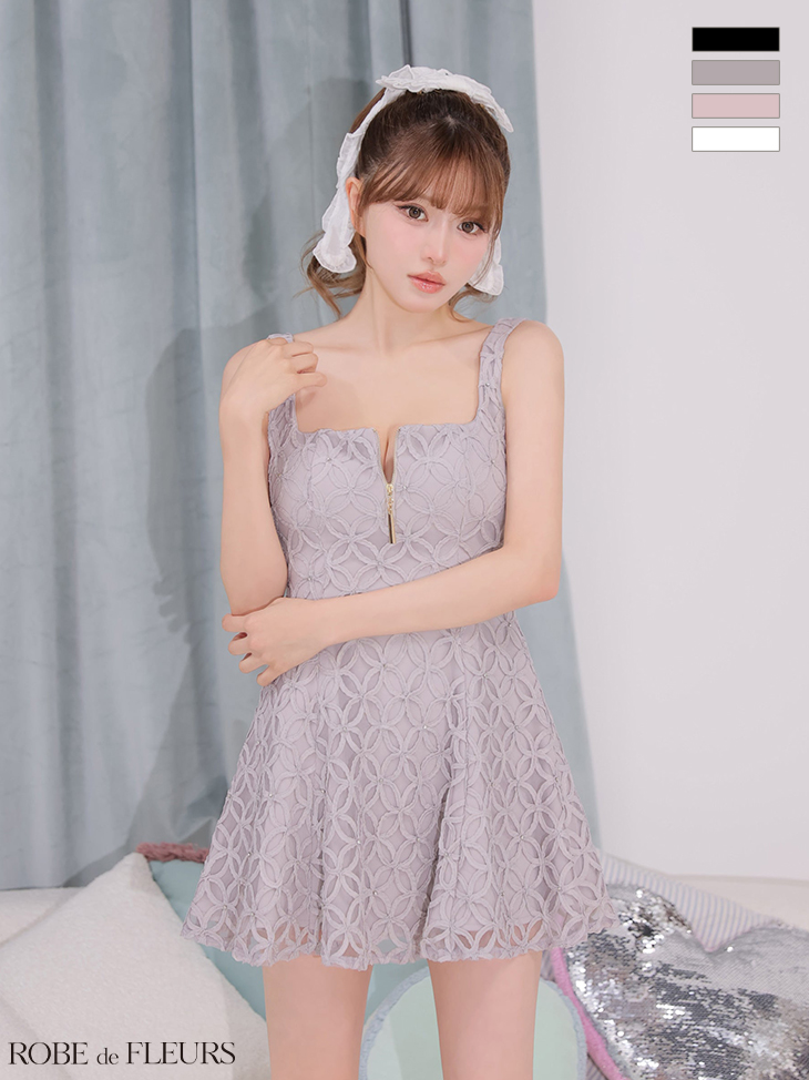 ノースリーブ ジップデザイン フラワーレース ビジュー フレアミニドレスのイメージ画像4
