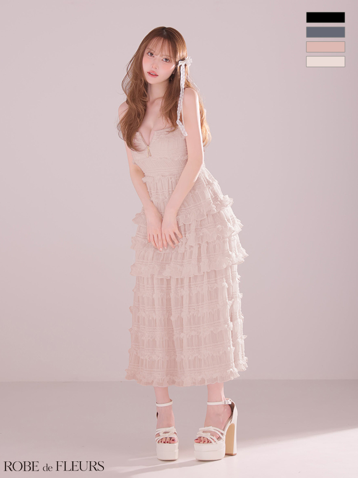 キャミソール ジップデザイン シャーリング ティアード シフォン Aラインロングドレスのイメージ画像2