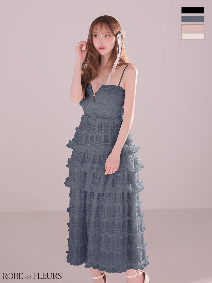 キャミソール ジップデザイン シャーリング ティアード シフォン Aラインロングドレスのイメージ画像3