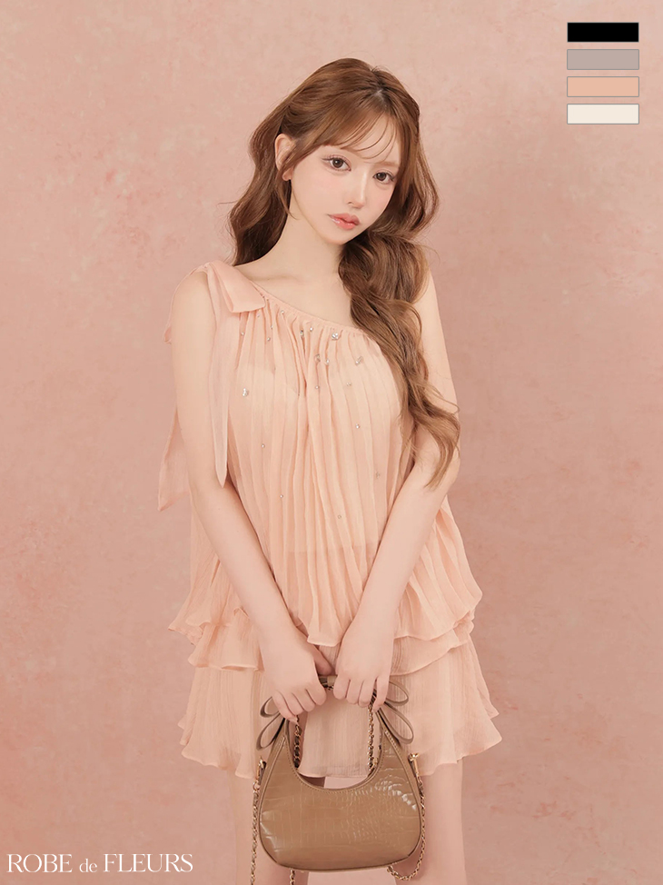 ワンショルダー ラメシフォン ビジュー セットアップ フリル フレアミニドレスのイメージ画像4