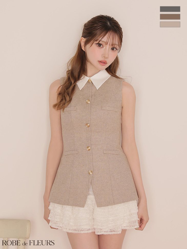 襟付き ノースリーブ ゴールドボタン レース ラメフランネル セットアップ フレアミニドレススのイメージ画像3