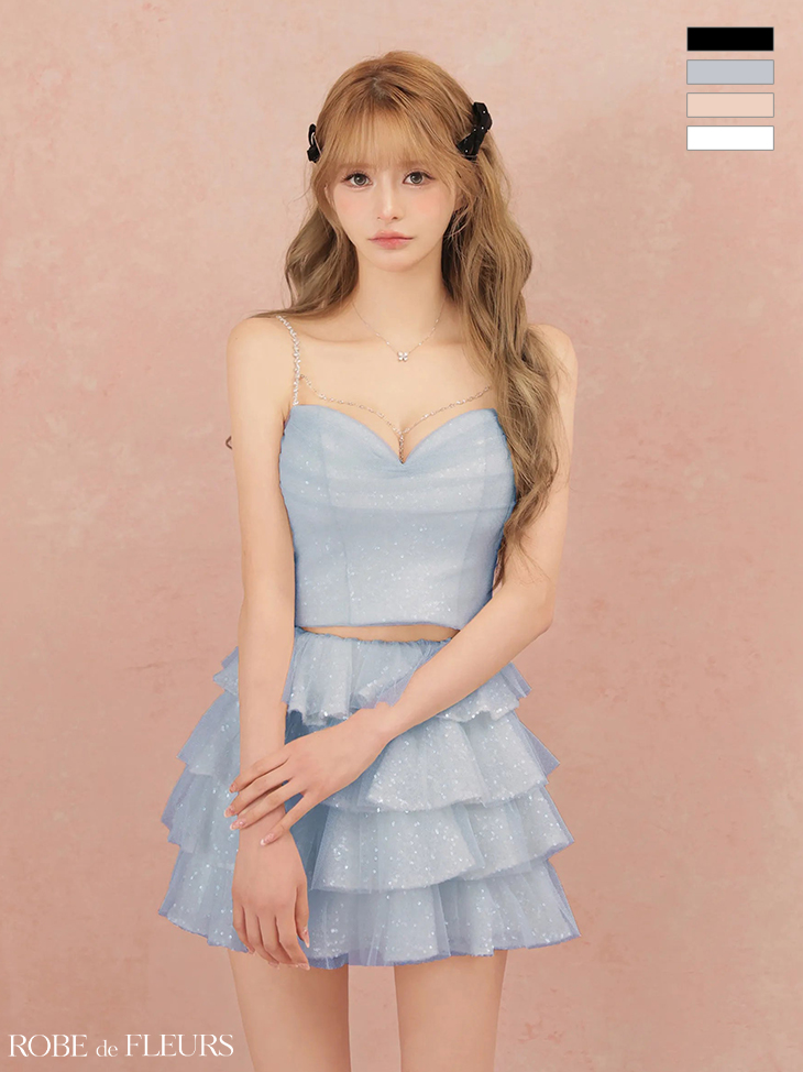 キャミソール セットアップ ティアードスカート ビジュー ラメシュール フレアミニドレスのイメージ画像4