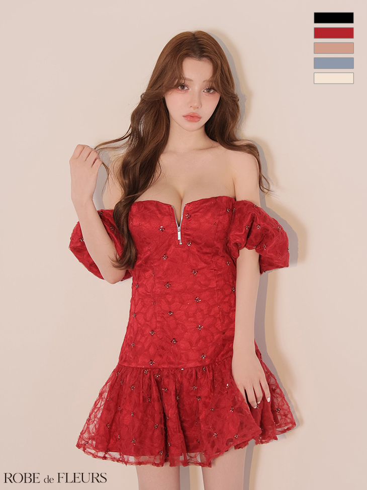 2way オフショルダー 肩あき ジップデザイン スパンコール フラワーレース フレアミニドレスのイメージ画像4