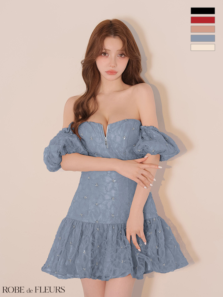 2way オフショルダー 肩あき ジップデザイン スパンコール フラワーレース フレアミニドレスのイメージ画像5