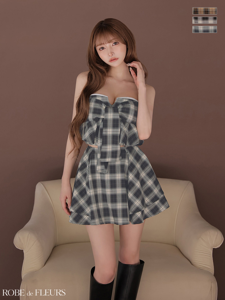 2way ベアトップ キャミソール リボン チェック柄 セットアップ フレアミニドレスのイメージ画像2