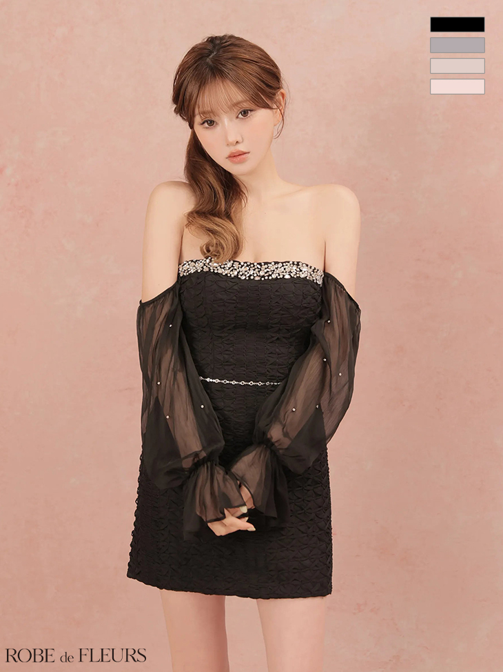 2way オフショルダー シフォンスリーブ 肩あき ビジューライン シャーリング ジャガード タイトミニドレスのイメージ画像3