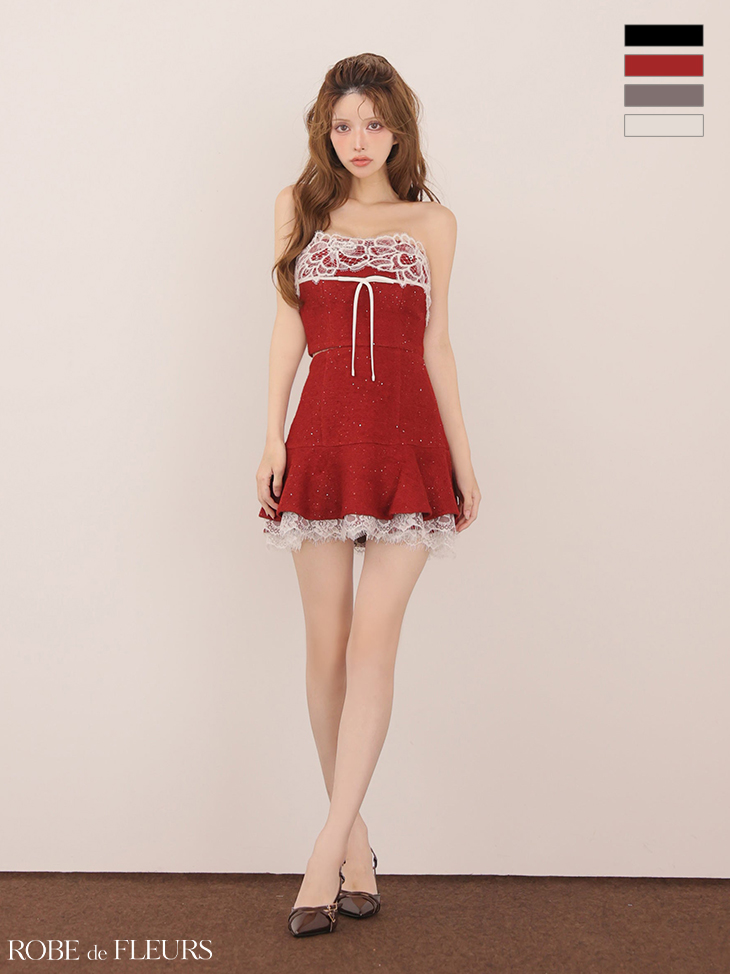 ベアトップ フラワーレース リボン ツイードニット セットアップ フレアミニドレスのイメージ画像3