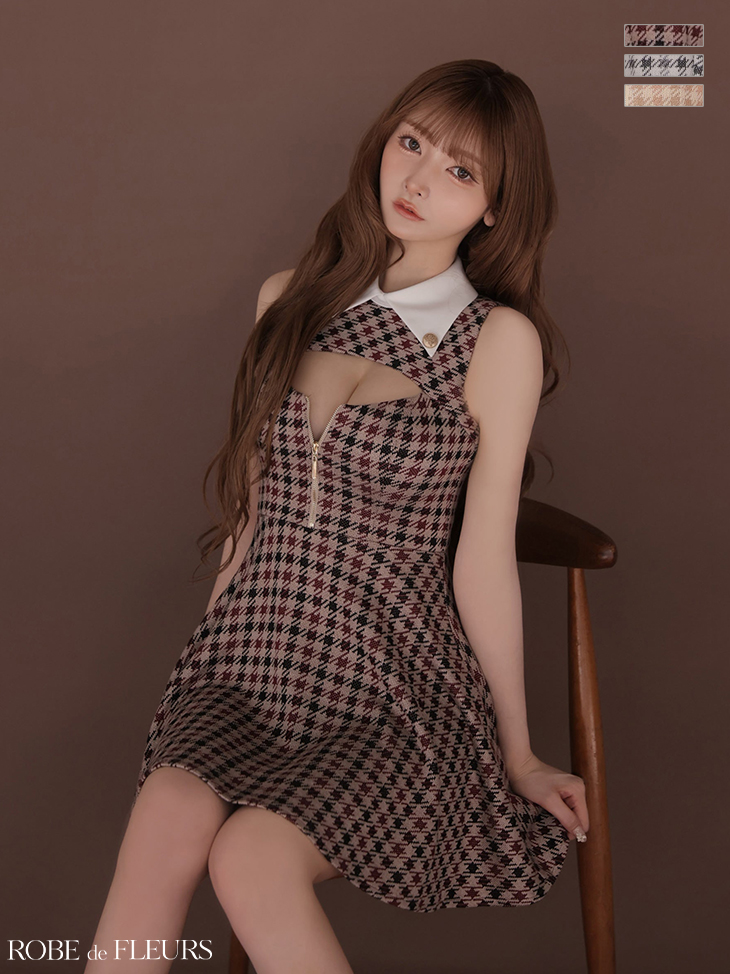 襟付き ノースリーブ バストカット ジップデザイン 千鳥柄 フレアミニドレスのイメージ画像1