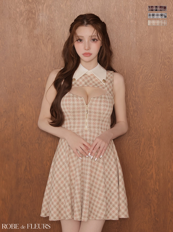 襟付き ノースリーブ バストカット ジップデザイン 千鳥柄 フレアミニドレスのイメージ画像3