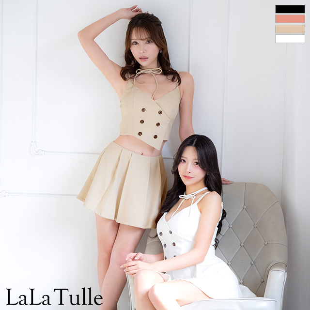 セクシー オープンバスト チョーカー付き キャミソール ダブルボタン セットアップ プリーツ フレアミニドレスのイメージ画像1