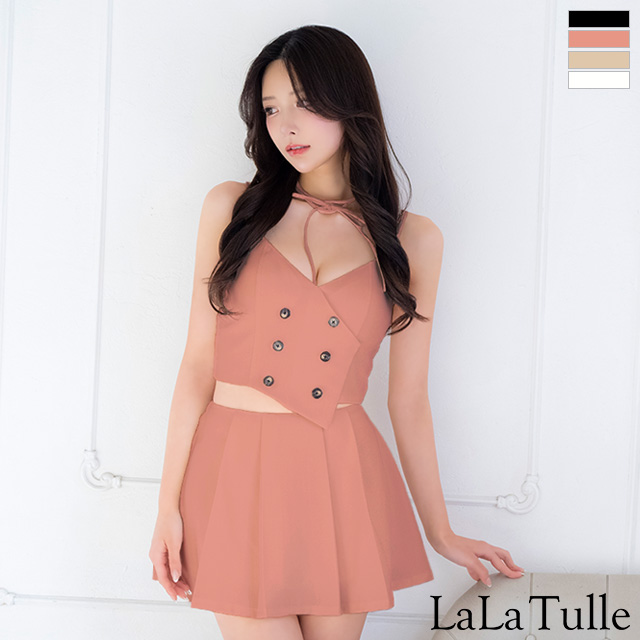 セクシー オープンバスト チョーカー付き キャミソール ダブルボタン セットアップ プリーツ フレアミニドレスのイメージ画像1