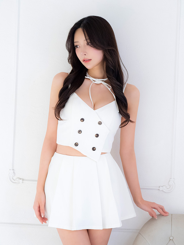 セクシー オープンバスト チョーカー付き キャミソール ダブルボタン セットアップ プリーツ フレアミニドレスのイメージ画像2
