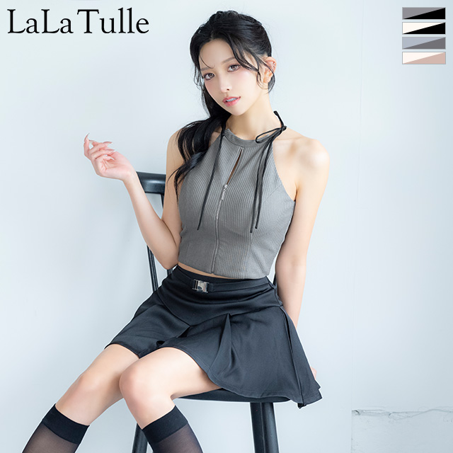 セットアップ リボン ノースリーブ バックルベルト リブ ジップデザイン フレアミニドレスのメイン画像