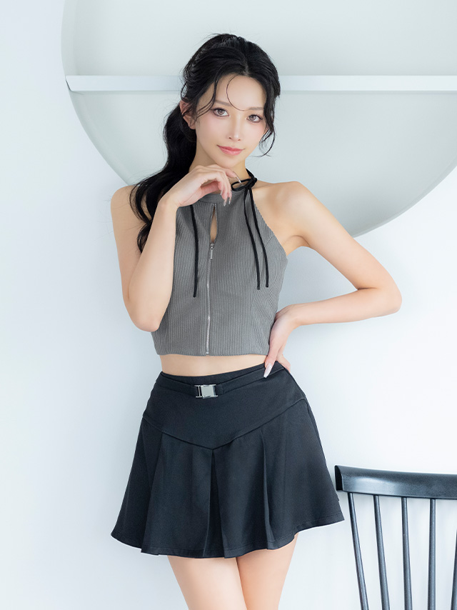 セットアップ リボン ノースリーブ バックルベルト リブ ジップデザイン フレアミニドレスのイメージ画像1