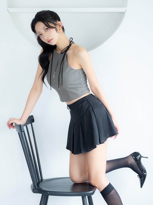セットアップ リボン ノースリーブ バックルベルト リブ ジップデザイン フレアミニドレスのイメージ画像2