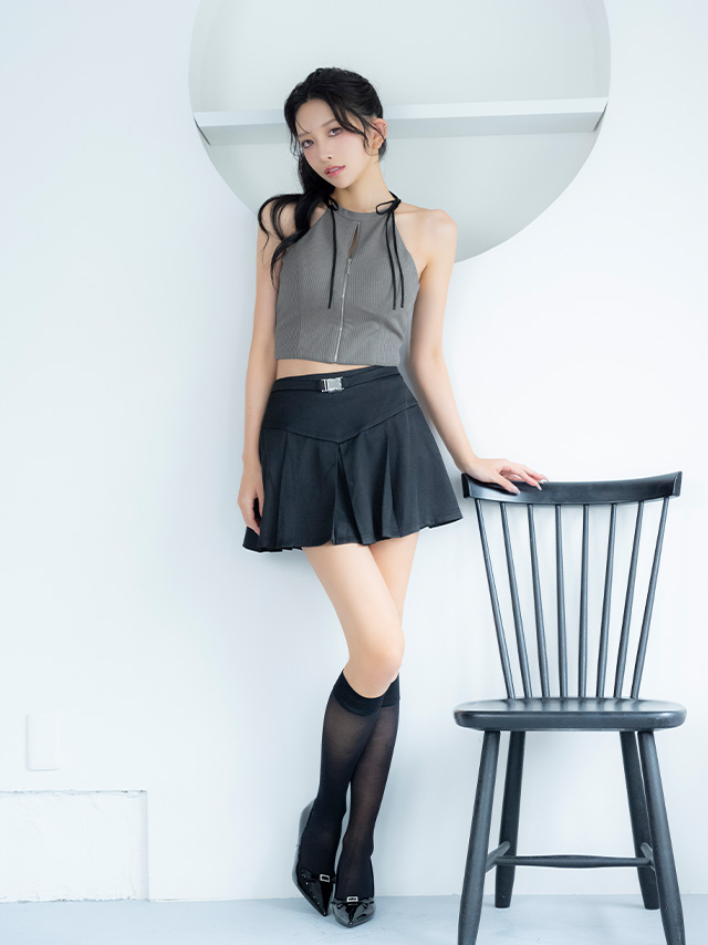 セットアップ リボン ノースリーブ バックルベルト リブ ジップデザイン フレアミニドレスのイメージ画像3