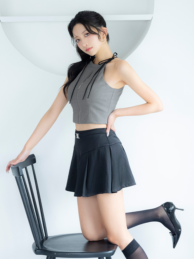 セットアップ リボン ノースリーブ バックルベルト リブ ジップデザイン フレアミニドレスのイメージ画像4