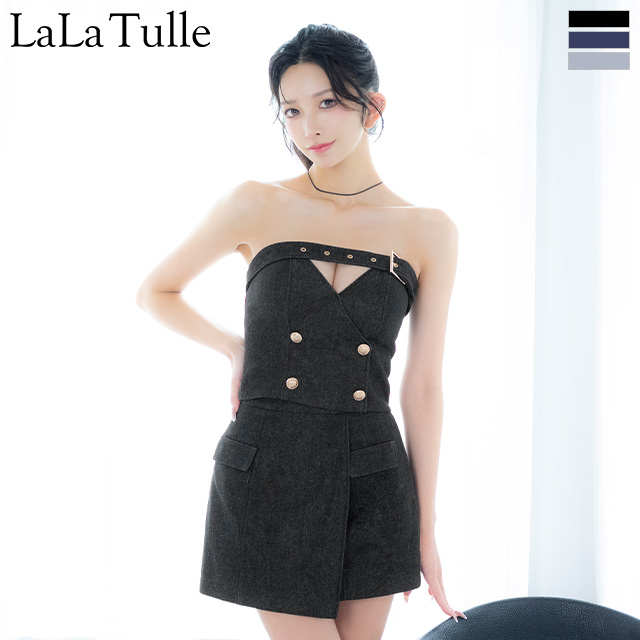 デニム セットアップ トレンチ ベルトデザイン ベアトップ フレアミニドレスのメイン画像1