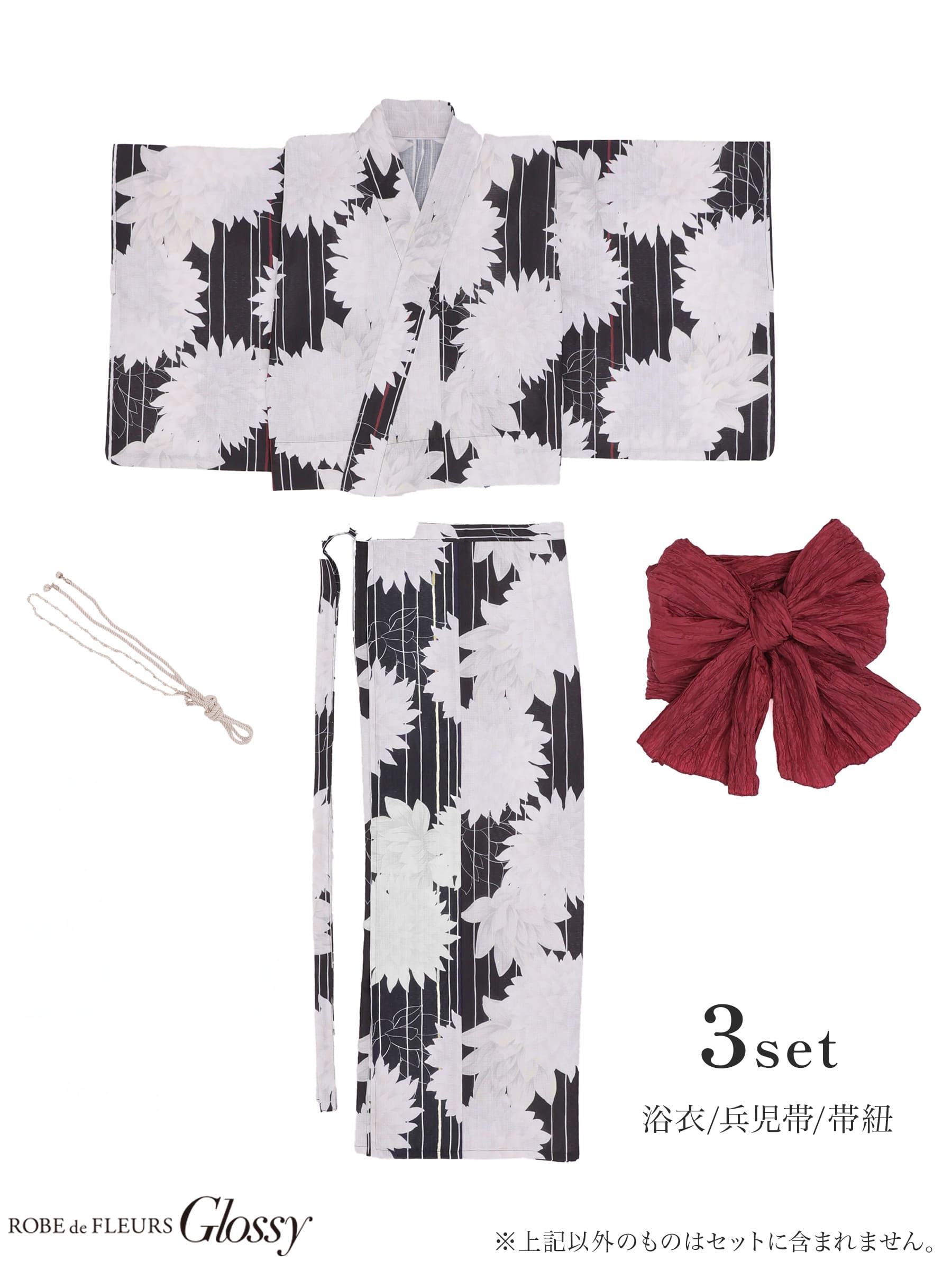 浴衣 Glossy グロッシー モダン 大花柄 ダリア 縦縞 3点SET のイメージ画像8