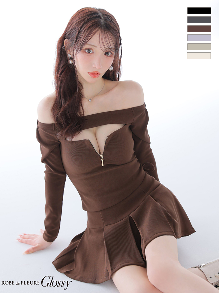 オフショルダー 長袖 セットアップ ジップデザイン バストカット リブ プリーツスカート フレアミニドレスのイメージ画像1