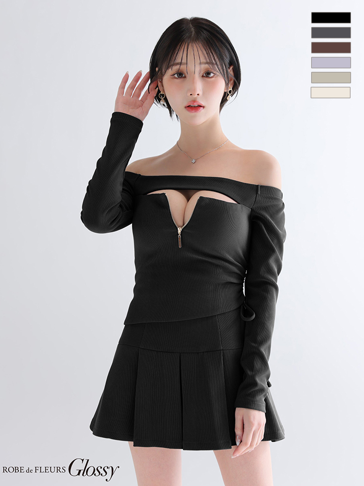 オフショルダー 長袖 セットアップ ジップデザイン バストカット リブ プリーツスカート フレアミニドレスのイメージ画像5