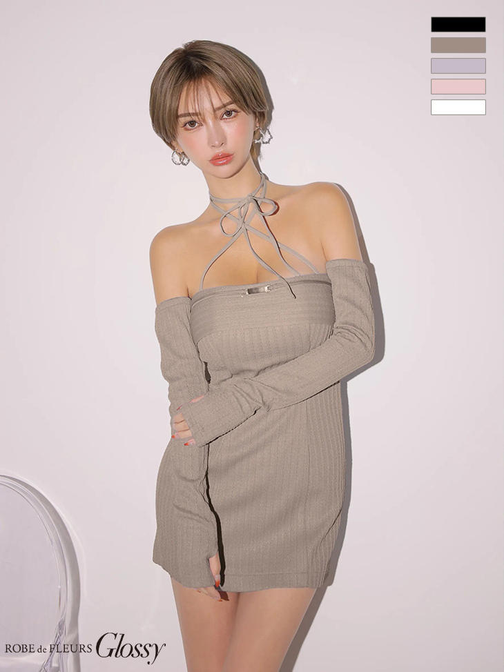 3way ベアトップ クロシェ リブニット クロスネック アームウォーマー 長袖 タイトミニドレスのイメージ画像2