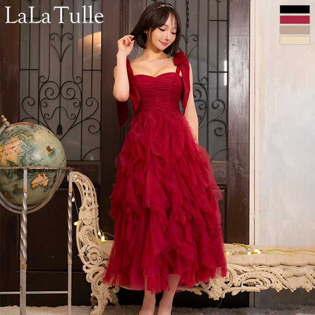 ノースリーブ　リボンショルダー ボリューム チュール Aラインロングドレスのメイン画像