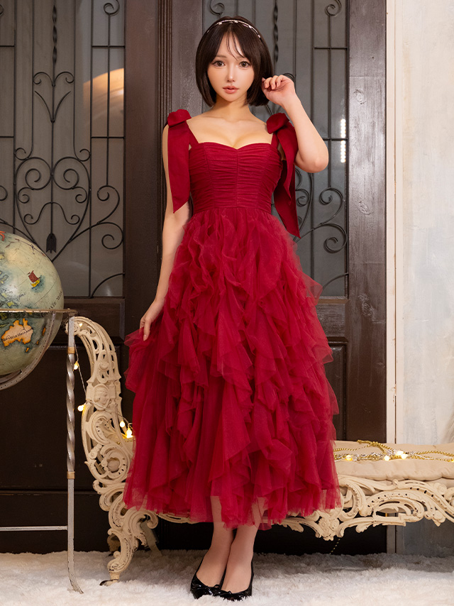 ノースリーブ　リボンショルダー ボリューム チュール Aラインロングドレスのイメージ画像3