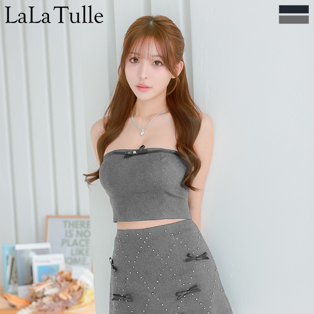 ガーリー ベアトップ デニム レザーリボン ビジュー セットアップ フレアミニドレスのメイン画像