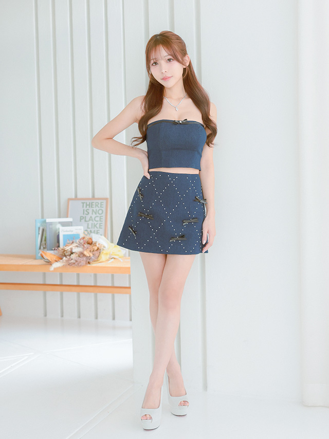 ガーリー ベアトップ デニム レザーリボン ビジュー セットアップ フレアミニドレスのイメージ画像3