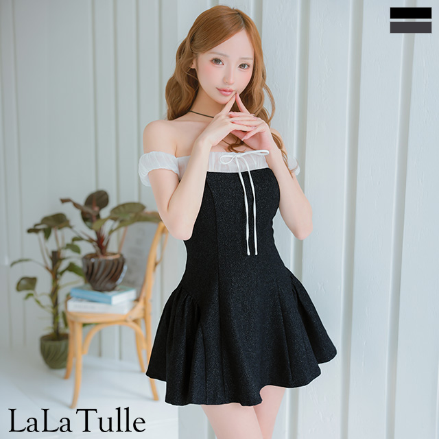 オフショルダー ガーリー グリッター シフォン リボン フレアミニドレスのメイン画像