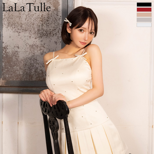 キャミソール ボックスプリーツ ビジュー　リボン ガーリー フレアミニドレスのメイン画像