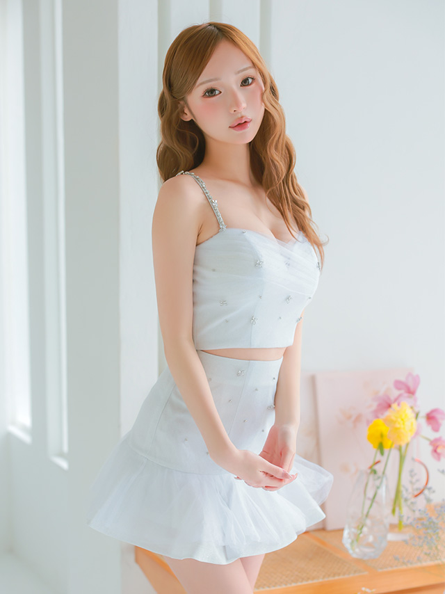 キャバドレス ミニドレス ROBEdeFLEURS ローブドフルール ラメニット ミニリボン ガーリー ビジュー キャミソール セットアップ タイトミニドレスのイメージ画像4