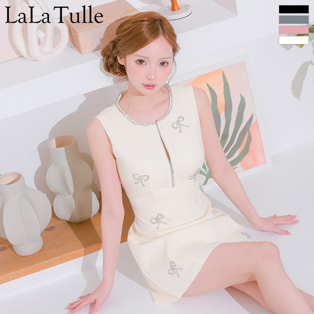 キャバドレス ROBEdeFLEURS ローブドフルール ノースリーブ ビジュー ジップデザイン リボン フレアミニドレスのメイン画像