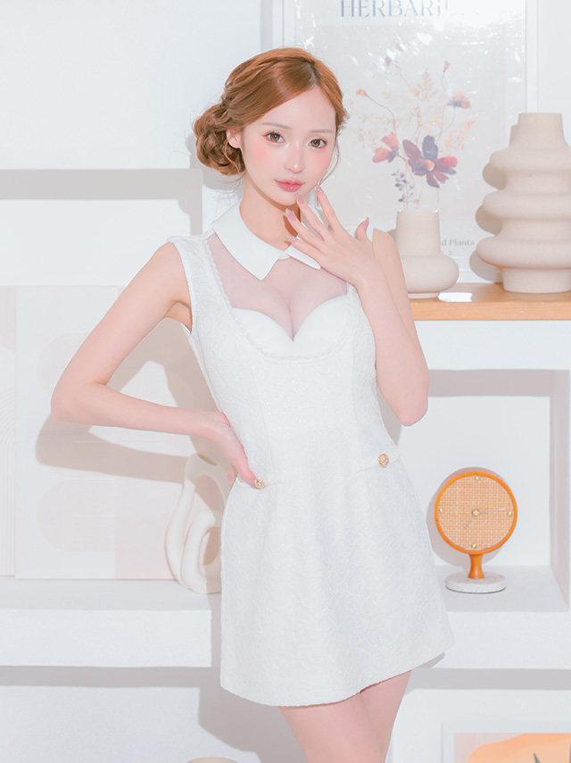 ノースリーブ 襟付き シースルー デコルテレース ゴールドボタン タイトミニドレスのイメージ画像1