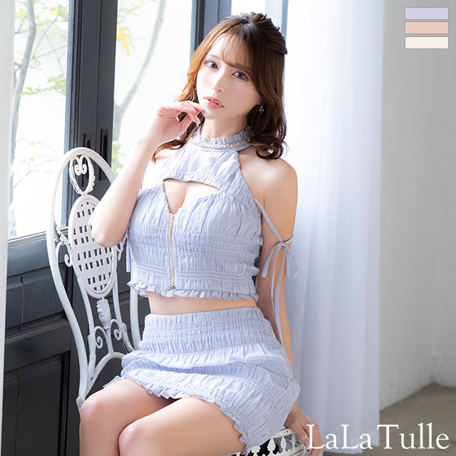 シャーリングシフォン リボン ジップデザイン バストカット ホルターネック セットアップ ガーリー タイトミニドレスのメイン画像