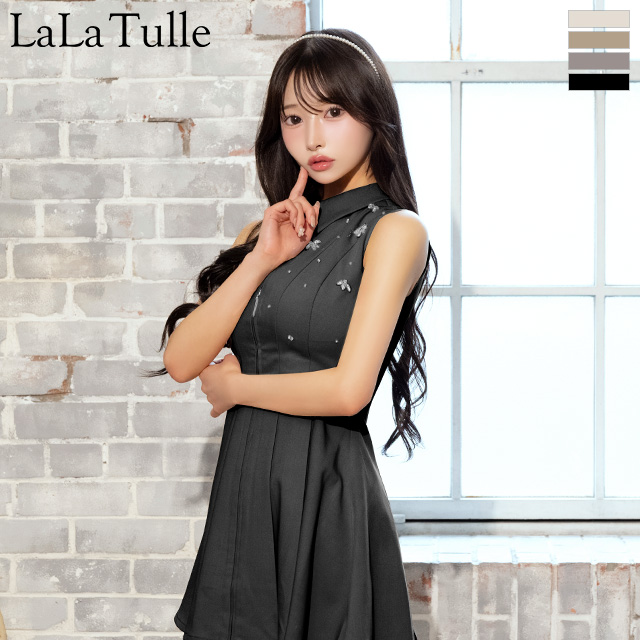 襟付き ノースリーブ ジップデザイン プリーツスカート クラシカル フレアミニドレスのメイン画像>

      <img src=